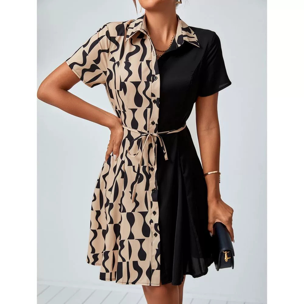 ZARA Women Fashion Shirt Dress Tie Patchwork Print Dress
